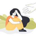 Human hand stretching to young unhappy girl sitting and hugging her knees. Person helping sad lonely woman to get rid of depression or stress flat vector illustration. Mental health, support concept