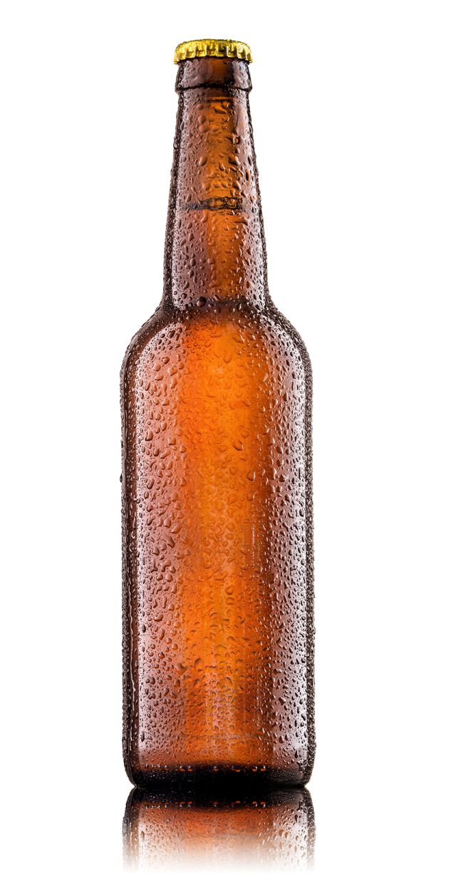 Bottle of beer with drops on white background.